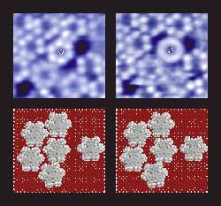 THESE STM IMAGES SHOW A MOLECULAR WHEEL IMMOBILIIZED (TOP LEFT) AND ROTATING (TOP RIGHT), AS WELL AS THE SIMULATION OF THESE TWO STATES (BOTTOM)